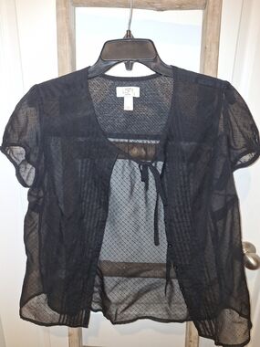 LOFT Black Sheer Dot Tie-Front Blouse